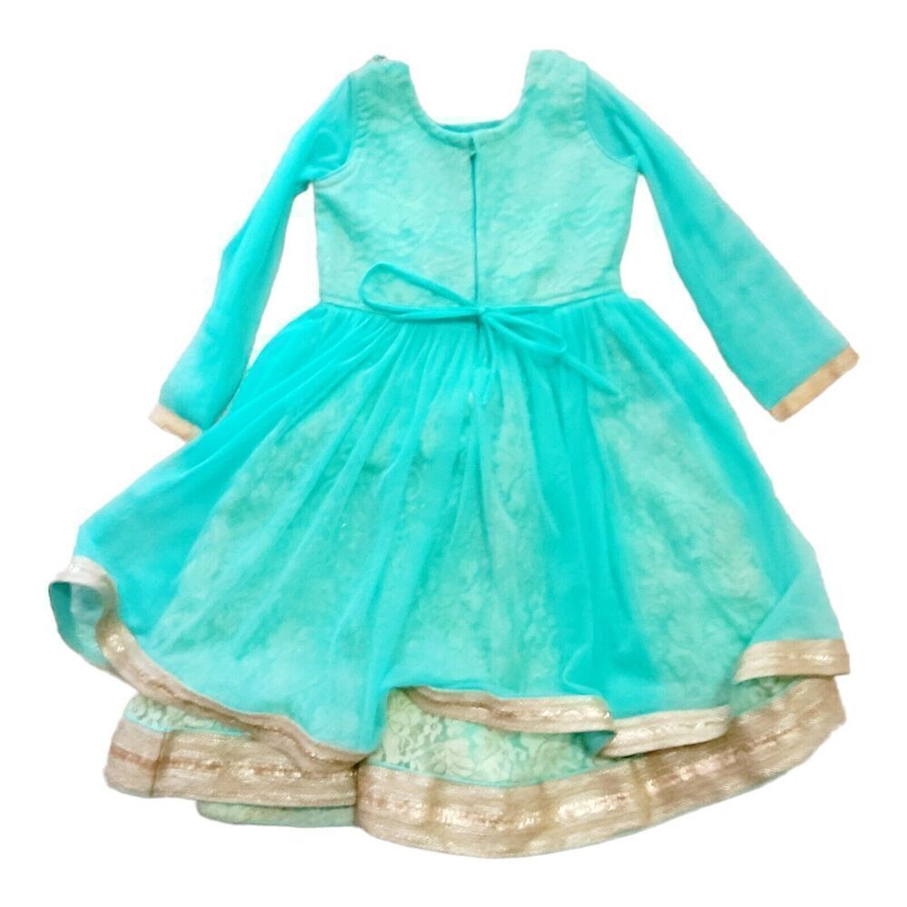 Beautiful Turquoise Blue And Gold Girls Dress Hand Embroidered Front Net Sleeves - Picture 6 of 11